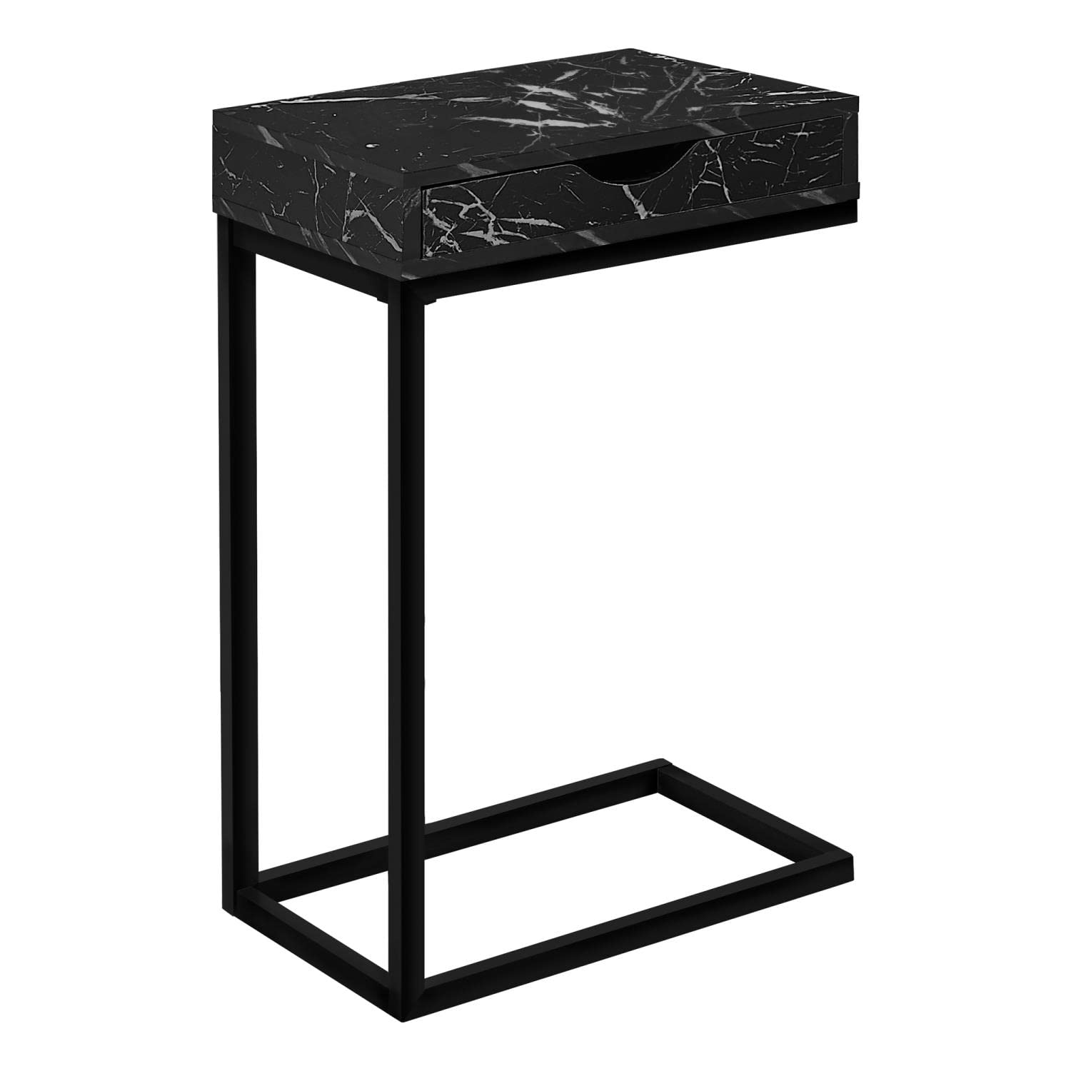 Monarch Specialties 3604, C-shaped, End, Side, Snack, Storage, Living Room, Bedroom, Laminate, Contemporary Accent Table Drawer, 16" L x 10.25" W x 24.5" H, Black Marble-Look/Black Metal